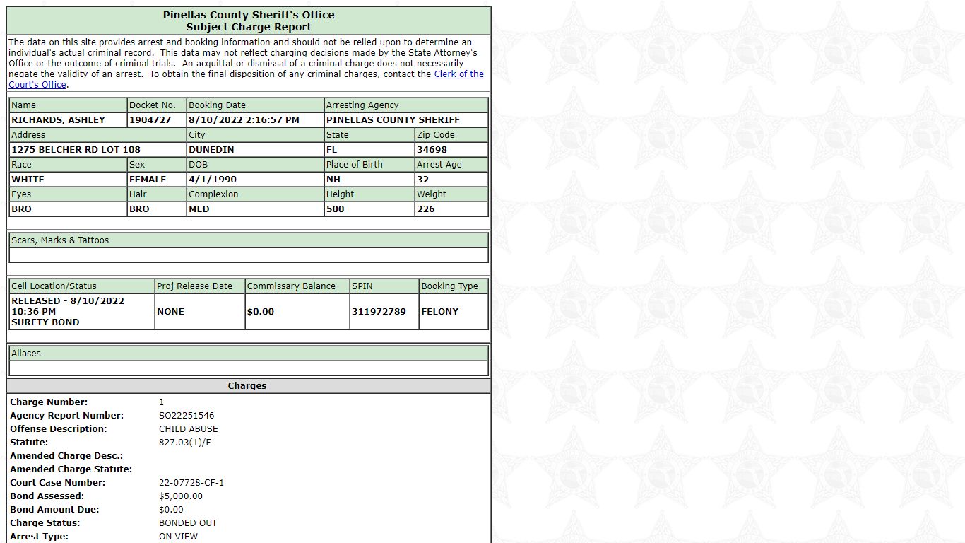 Pinellas County Sheriff's Office Charge Report